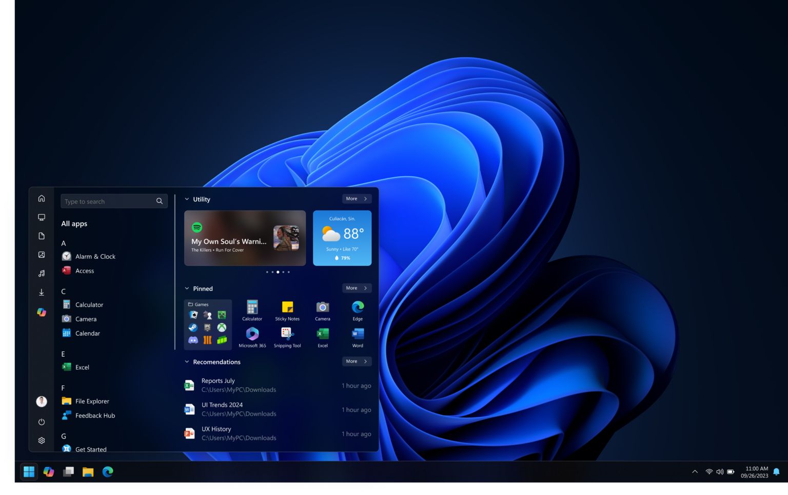 Windows 11-start menu-redesign-customization-pinned apps-recommended section